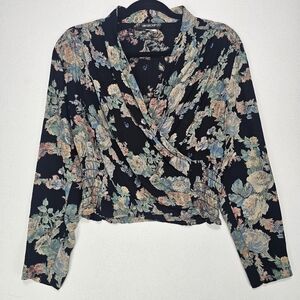 Vintage Romantic Pastel Floral Front Wrap Long Sleeve Blouse Size 6